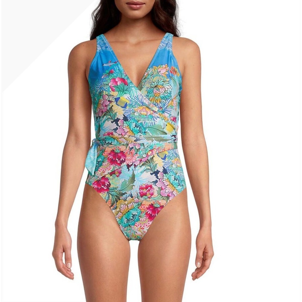 Johnny Was Floral Aquatic Wrap One Piece Swimsuit Blue Multi V-Neck NWT